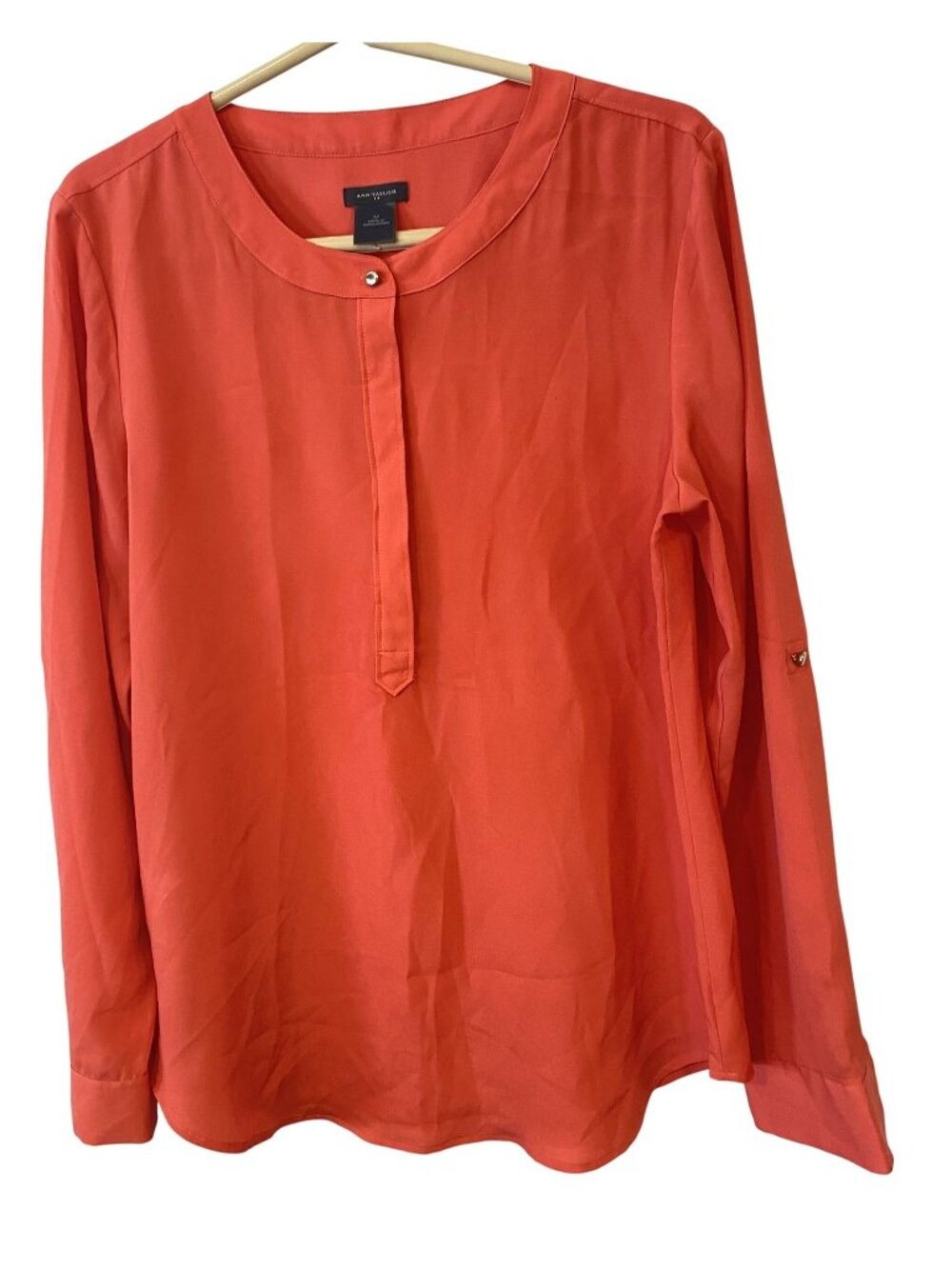 Ann Taylor Womens M Coral Orange Popover Blouse Long Sleeve Roll Tab Career